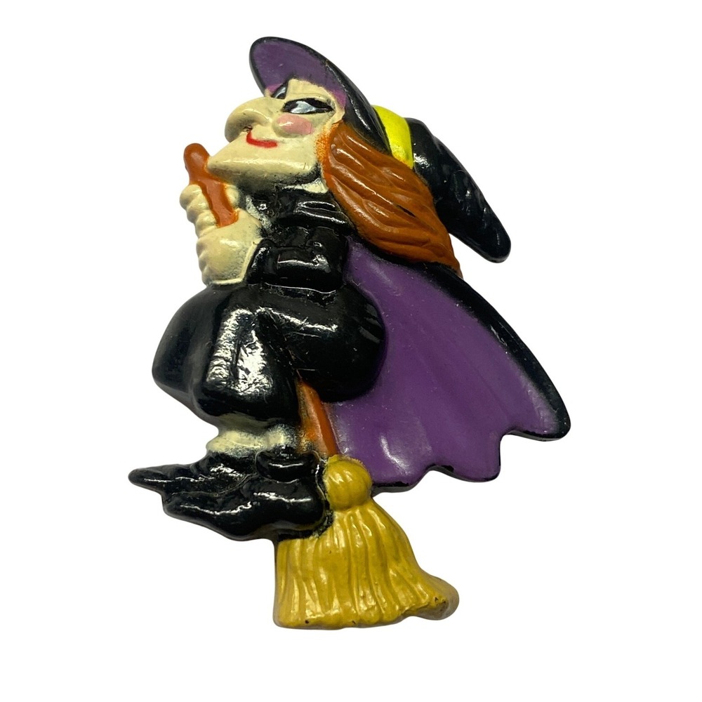 Vintage Russ Berrie Halloween Witch Pin Purple Cape Broomstick Plastic Brooch
